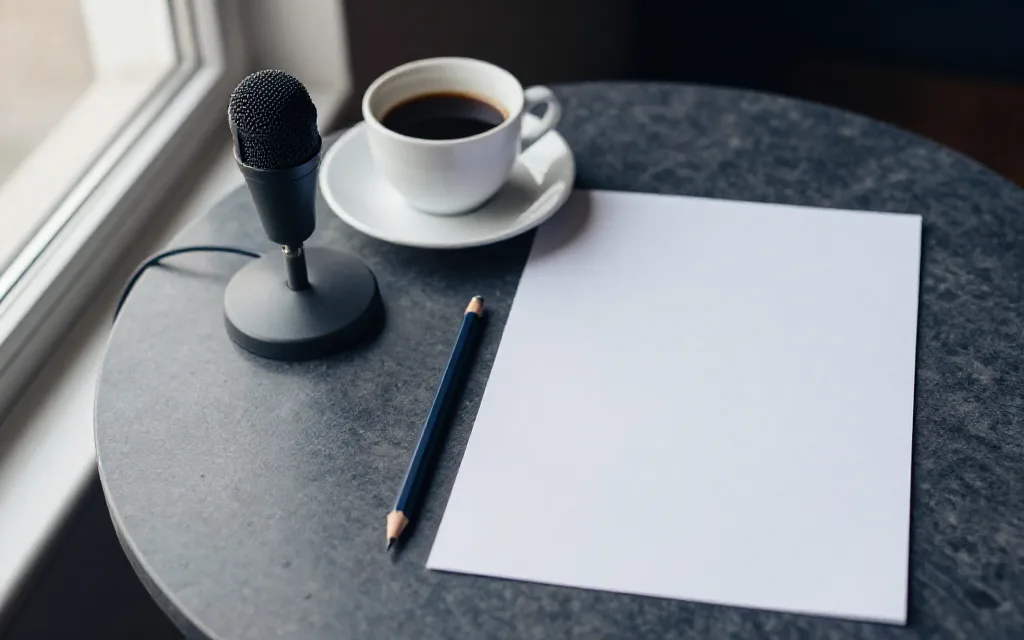 Petit micro posé sur une table en bois, à côté d’une feuille retournée